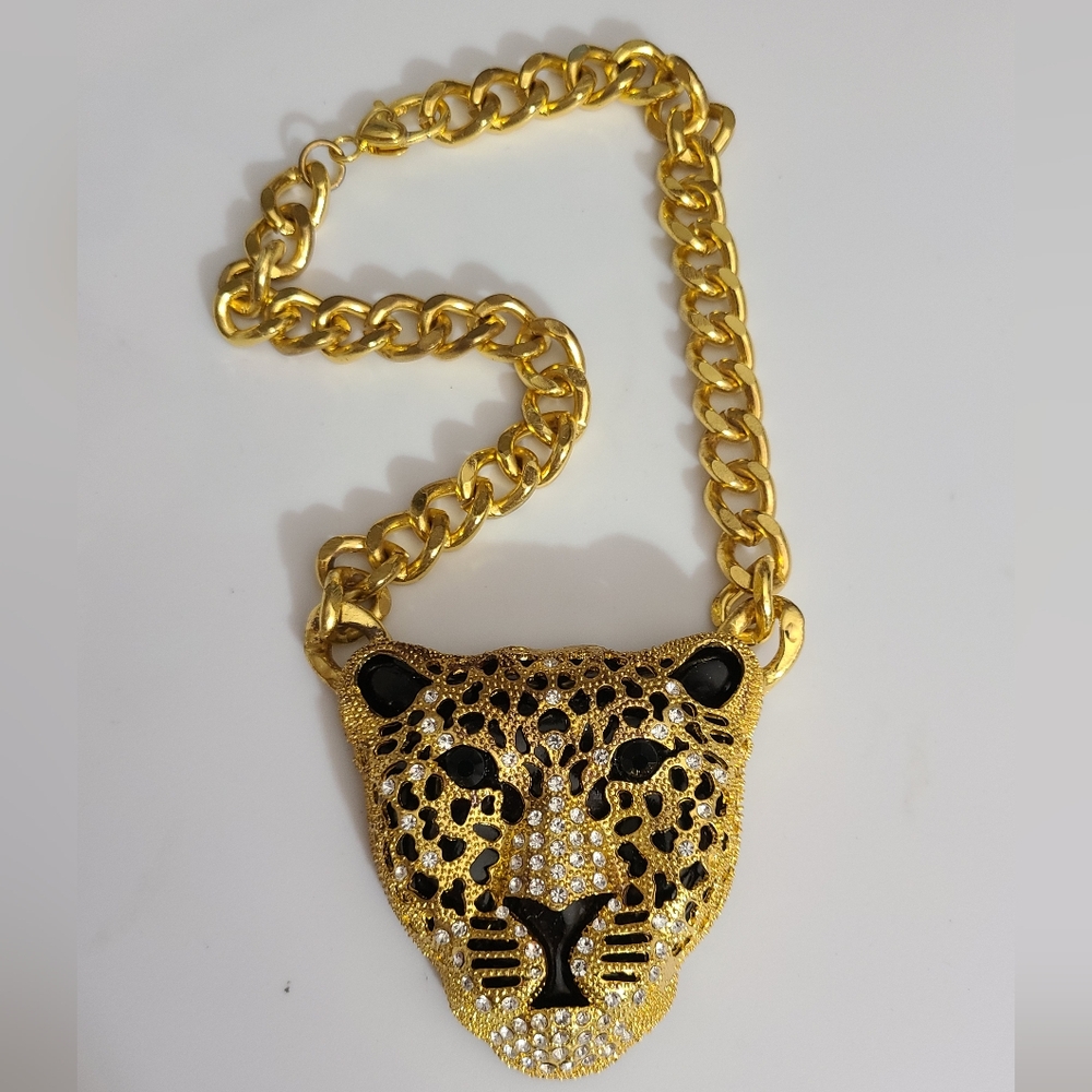 Leopard cheetah chunky chain necklace Rhinestones gold black enamel Rhianna